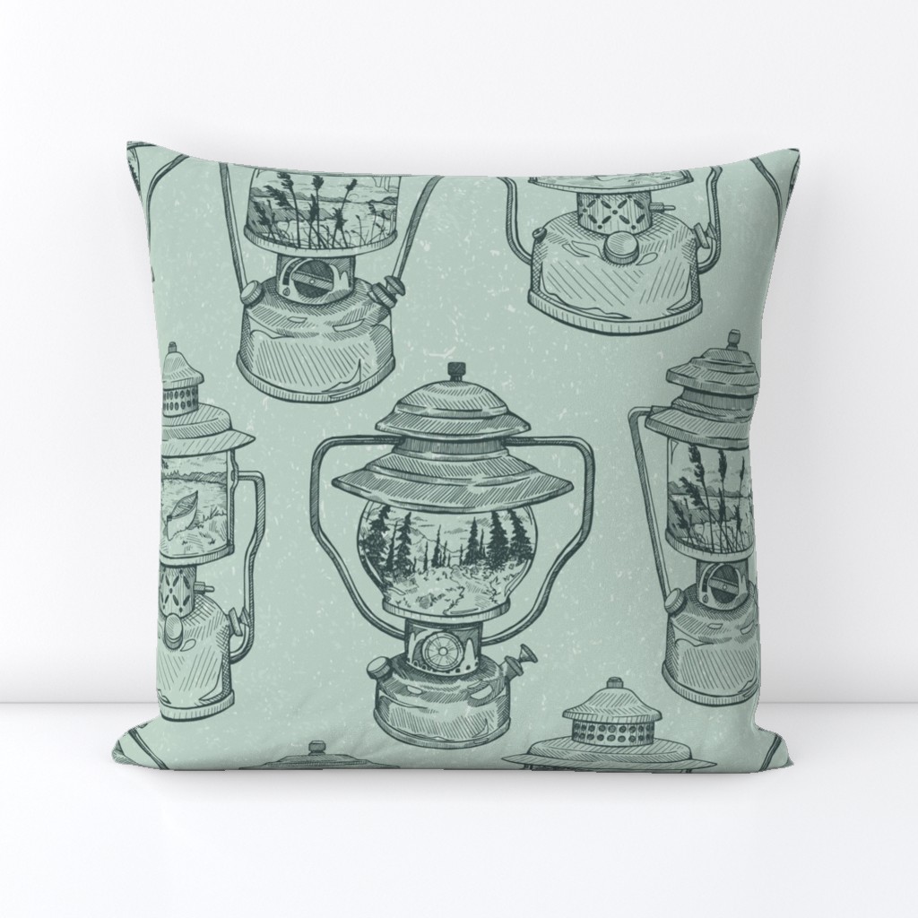 Hand Drawn Lake Life Camping Lanterns on Sage Green