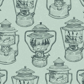 Hand Drawn Lake Life Camping Lanterns on Sage Green