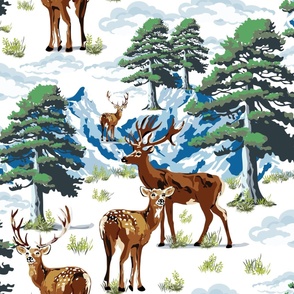 White Winter Holiday Wonderland Deer Mountain Landscape, Wild Woodland Pine Trees (large Scale)
