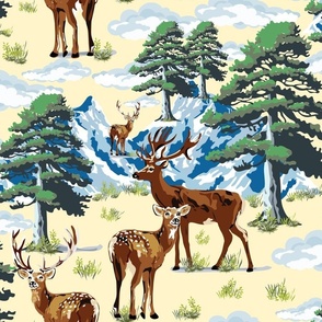 Red Deer Mountain Landscape, Wild Winter Wonderland, Woodland Deer, Pine Tree Woods Illustration