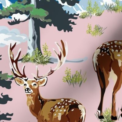 Winter Wonderland Mountain Landscape, Wild Woodland Deer, Pine Tree Woods Illustration (Large Scale)