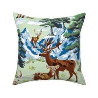 Enchanted Mountain Landscape, Wild Woodland Deer, Pine Tree Woods Illustration, Forest Green Mint Green and Blue, Snow Capped Mountain Wilderness, Rugged Deer Mountain Landscape, Snowy Forest Deer, Evergreen Pine Tree Woods, Wild Stag Buck Doe Deer, Large