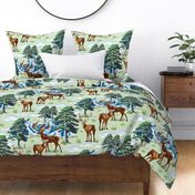 Enchanted Mountain Landscape, Wild Woodland Deer, Pine Tree Woods Illustration in Forest Green Mint Green and Blue (Large Scale)