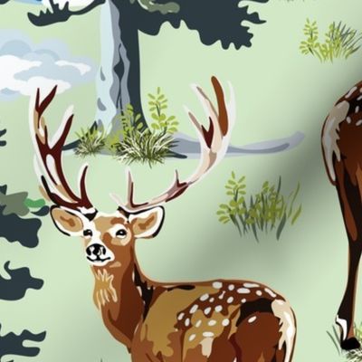 Enchanted Mountain Landscape, Wild Woodland Deer, Pine Tree Woods Illustration in Forest Green Mint Green and Blue (Large Scale)
