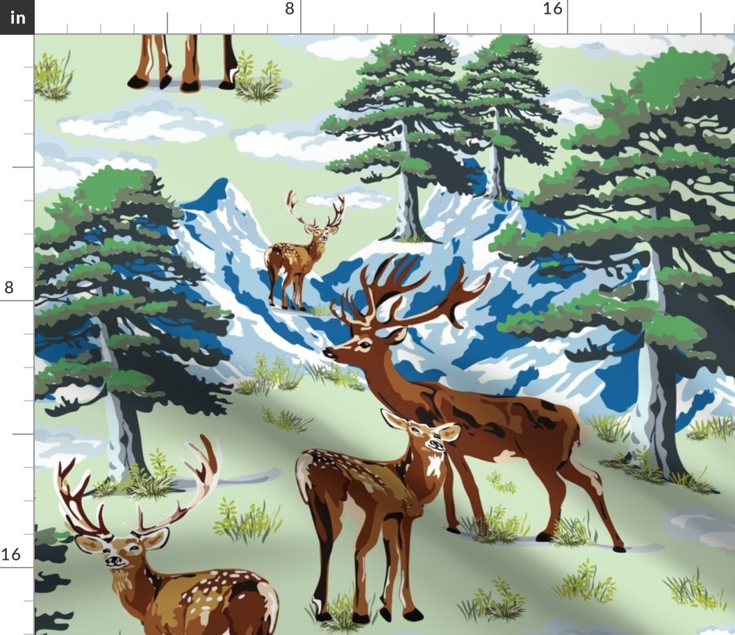 Enchanted Mountain Landscape, Wild Woodland Deer, Pine Tree Woods Illustration, Forest Green Mint Green and Blue, Snow Capped Mountain Wilderness, Rugged Deer Mountain Landscape, Snowy Forest Deer, Evergreen Pine Tree Woods, Wild Stag Buck Doe Deer, Large