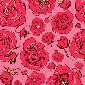 Anime Bed of Roses - Crimson Red Pink - Retro / Country Vintage Line Art Flowers in Large Scale for Maximalist Glam & Cottagecore Bedding & Wallpaper