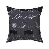 Midnight Bison in Moonlit Mountain Meadow Boho Grasses on Western Plains in Starlight in Black, Grey and Ashy White. American Buffalo Silhouettes