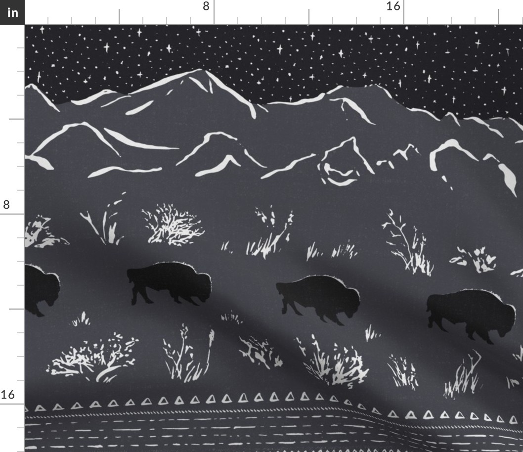 Midnight Bison in Moonlit Mountain Meadow Boho Grasses on Western Plains in Starlight in Black, Grey and Ashy White. American Buffalo Silhouettes