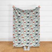 Cute White Ninja Kitties Martial Arts Cartoon Cats Kids Fabric Playful Fun Whimsical Children's Red and Blue - Large Scale