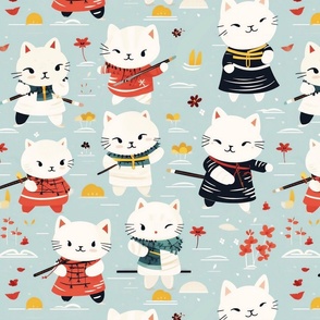 Cute White Ninja Kitties Martial Arts Cartoon Cats Kids Fabric Playful Fun Whimsical Children's Red and Blue - Large Scale