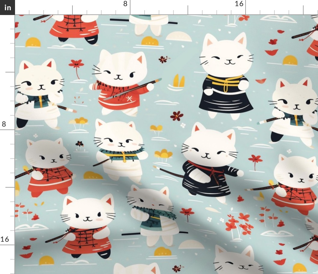 Cute White Ninja Kitties Martial Arts Cartoon Cats Kids Fabric Playful Fun Whimsical Children's Red and Blue - Large Scale