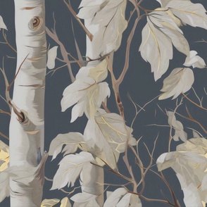 Birch Trees Aspen Leaves  on Dark Blue Woodland Elegance Cabin Mountain Lodge Forest Scene Mural Nature Large Wallpaper