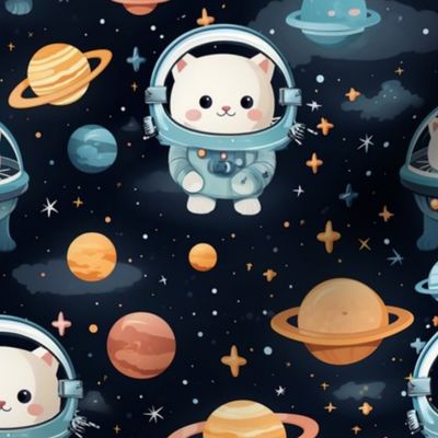 Astronaut Outer Space Kittens Cats Orange Blue Adventure Playful Kids Print Whimsical Planets Saturn Moon Small Scale