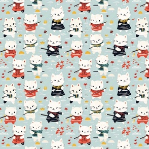 Cute White Ninja Kitties Martial Arts Cartoon Cats Kids Fabric Playful Fun Whimsical Children's Red and Blue - Small Scale