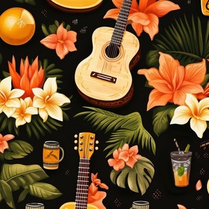 Vintage Tropical Musical Guitar Bar Drinks Orange on Black Retro Hibiscus Flowers Hawaiian Shirt Print 