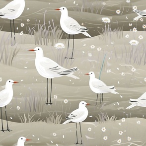 Nautical Seagulls on Tan Sand White Birds Seaside Beach Fowl Little Flowers Neutral Bedding   