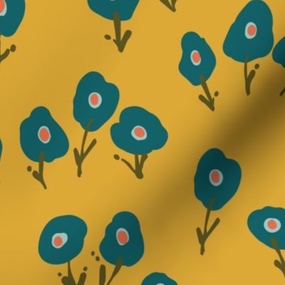 Pop Art Poppies  |  Mellow Mustard and Teal - yellow, gold, dark teal, flower fields, modern, bold, dopamine, kitchen, bedroom, playroom, teen