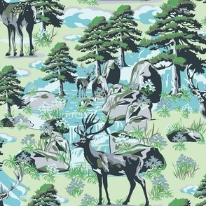 Modern Retro Woodland Deer Animals, Green Pine Tree Forest, Rustic Snow Mountain Range, Majestic Stag in Winter Wonderland, Whimsical Woodland River Scene, Winter Forest Artwork, Tranquil Landscape Deer Print, Scenic Winter Mountain Range Art