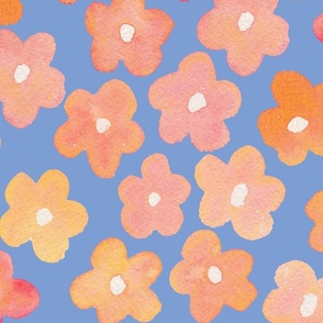 Cute pink and orange watercolor daisies on blue for kids bedding and girls bedroom wallpaper- large