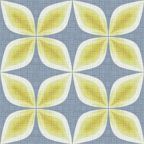 Retro Geometric Floral Tropical 1960s Mid-Century Modern Yellow White and Gray Slate Blue Woven  60s Vibe Flower Power