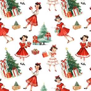Vintage 1950s Christmas: Retro Mid-Century Holiday Festive Girl in Red Dress, Tree, Presents on White Nostalgic Design