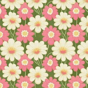 Vintage Mid-Century Modern Retro Pink & White Daisies, Sunflowers: Floral Distressed 70s Vibe