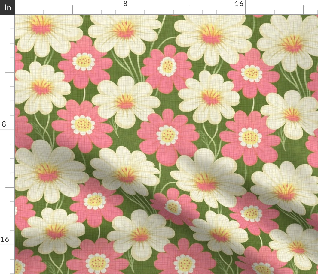 Vintage Mid-Century Modern Retro Pink & White Daisies, Sunflowers: Floral Distressed 70s Vibe