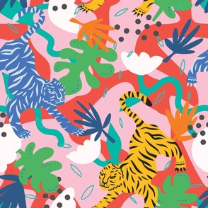 Large scale tiger wallpaper and fabric featuring  pink, red, blue & yellow on white. Modern animal design, Perfect for kids clothing and bedroom home decor.