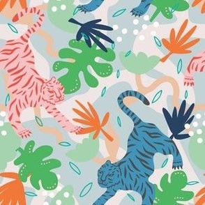 Large scale tiger wallpaper and fabric featuring bright pink, blue, navy & orange on white. Perfect for kids clothing and bedroom home decor.