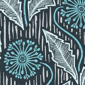 Dandelions block print, Pantone mega matter palette in aqua, pale blue, gray and black, large scale