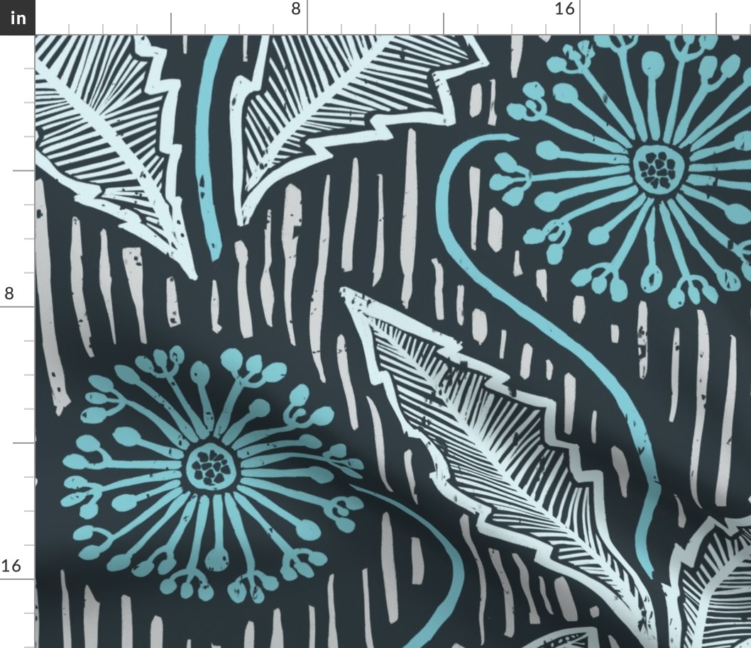 Dandelions block print, Pantone mega matter palette in aqua, pale blue, gray and black, large scale
