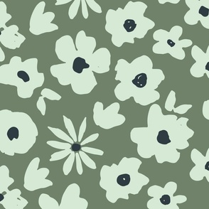 Graphic floral / jumbo large / calming sage green, large scale for bedding and wallpaper