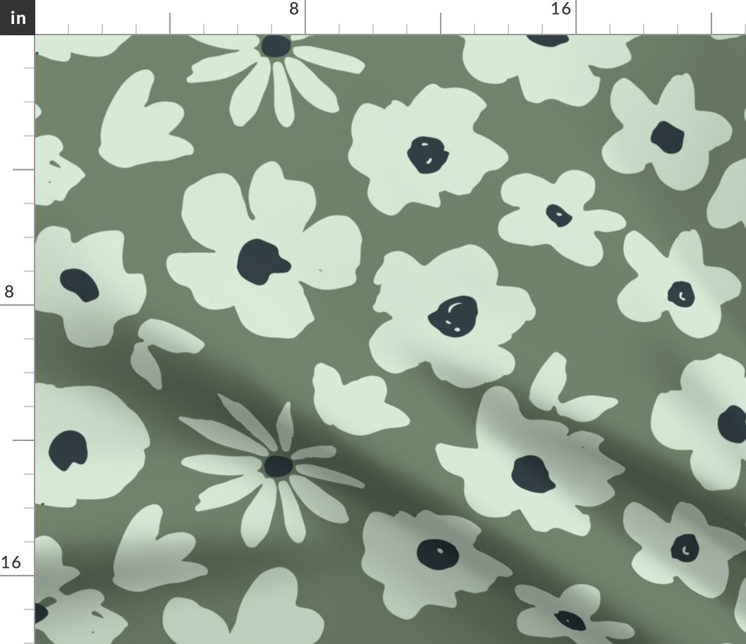 Graphic floral / jumbo large / calming sage green, large scale for bedding and wallpaper