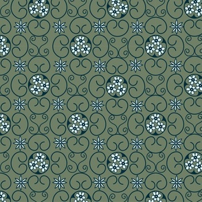 geometric floral pattern olive green navy blue small