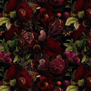 Small - Vintage Summer Romanticism: Maximalism Moody Florals - Antiqued burgundy Roses and Nostalgic Gothic Mystic Night 2- Antique Botany Wallpaper and Victorian Goth Mystic inspired 