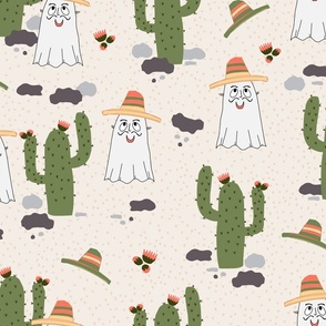 447 - Large scale Boo…enos dias amigo happy ghost in the desert with prickly cacti, straw hat and Spanish words - for kids apparel, curtains, bed linen and wallpaper.