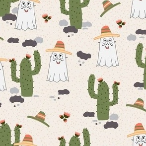 447 - Small scale Boo…enos dias amigo happy ghost in the desert with prickly cacti, straw hat and Spanish words - for kids apparel, curtains, bed linen and wallpaper.