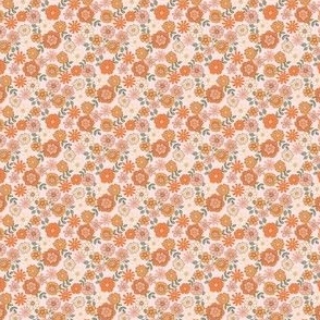 TINY Boho Floral fabric - retro 70s flowers brown orange pink 2in