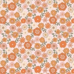 MINI Boho Floral fabric - retro 70s flowers brown orange pink 4in