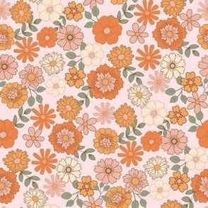 SMALL Boho Floral fabric - retro 70s flowers brown orange pink 6in