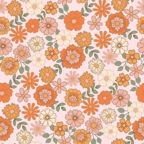 LARGE Boho Floral fabric - retro 70s flowers brown orange pink 10in
