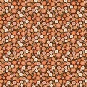TINY Boho Floral fabric - retro brown and orange flower 2in