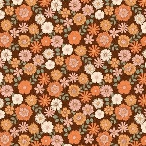 MINI Boho Floral fabric - retro brown and orange flower 4in