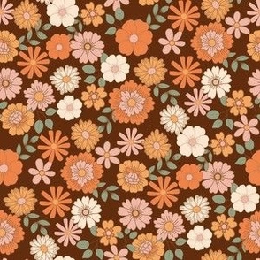 SMALL Boho Floral fabric - retro brown and orange flower 6in