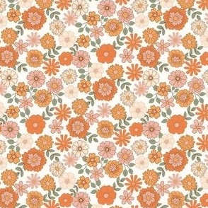 MINI Boho Floral fabric - retro girls peach orange 70s flower 4in