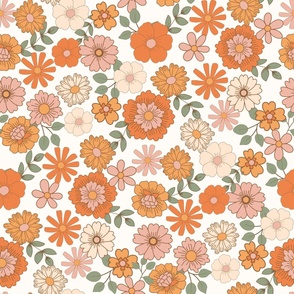 JUMBO Boho Floral fabric - retro girls peach orange 70s flower