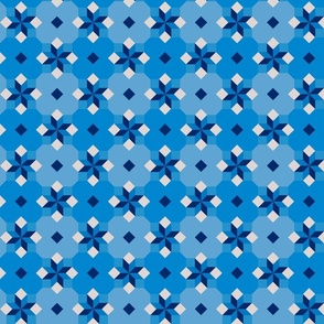 Kaleidoscopic summer tiles with octagons and stars in shades of blue, small 4 inches