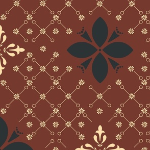 (XL) morocco flower tiles in black and yellow on mahogany red