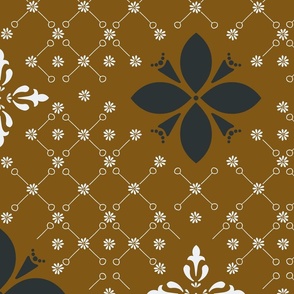 (XL) morocco flower tiles in black and white on honey brown