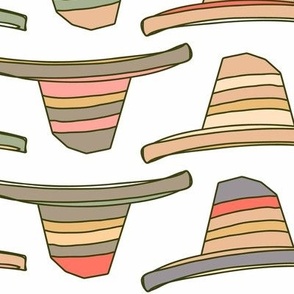 448 -Jumbo large scale striped sombrero for hot days by the lake in warm neutral desert colors of orange, ochre, mustard, tan, taupe and sage green. For kids apparel, decor, pillows, bag lining